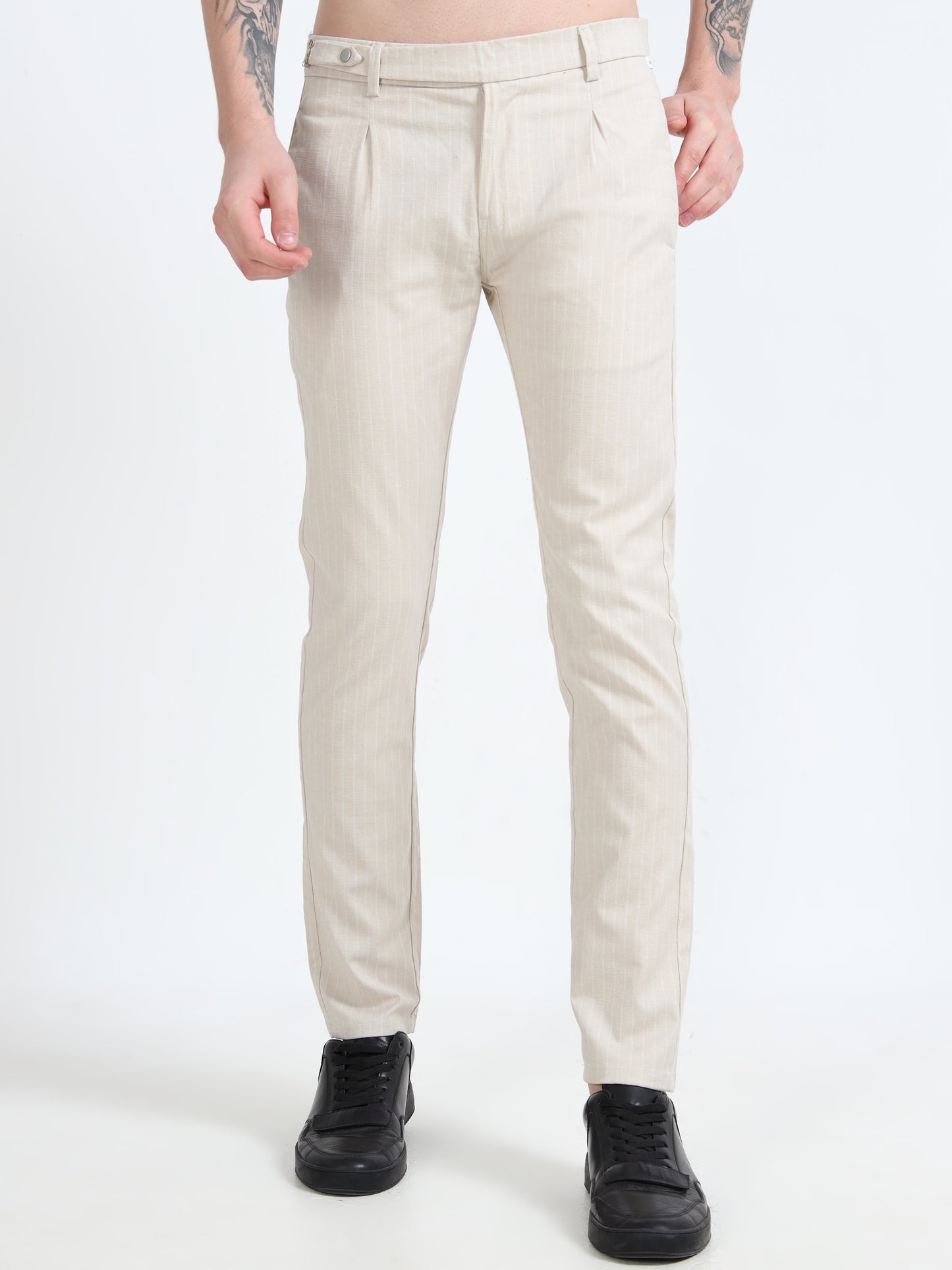 Men Cream Lycra Plain Casual Trouser