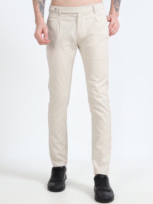 Men Cream Lycra Plain Casual Trouser