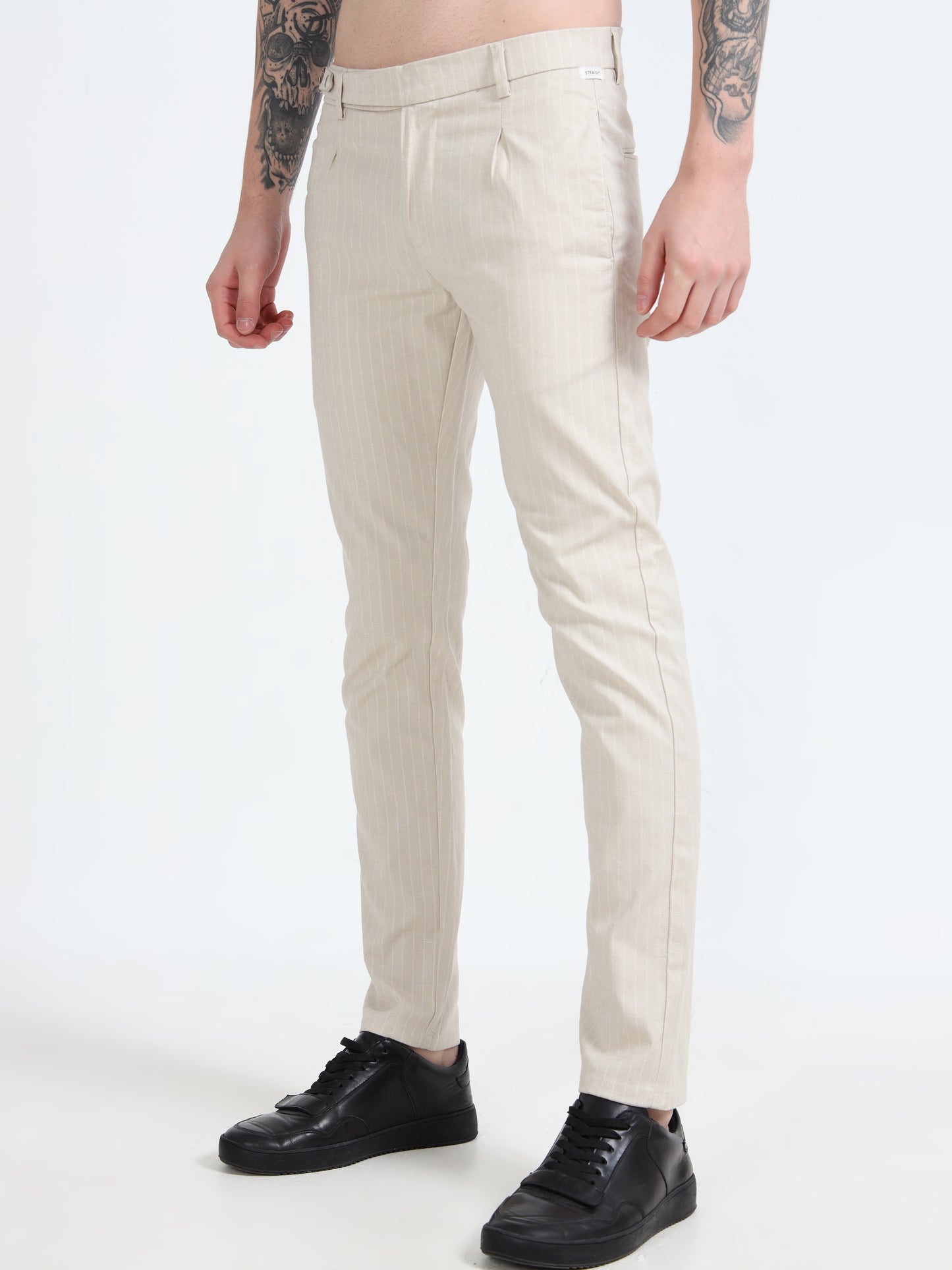 Men Cream Lycra Plain Casual Trouser