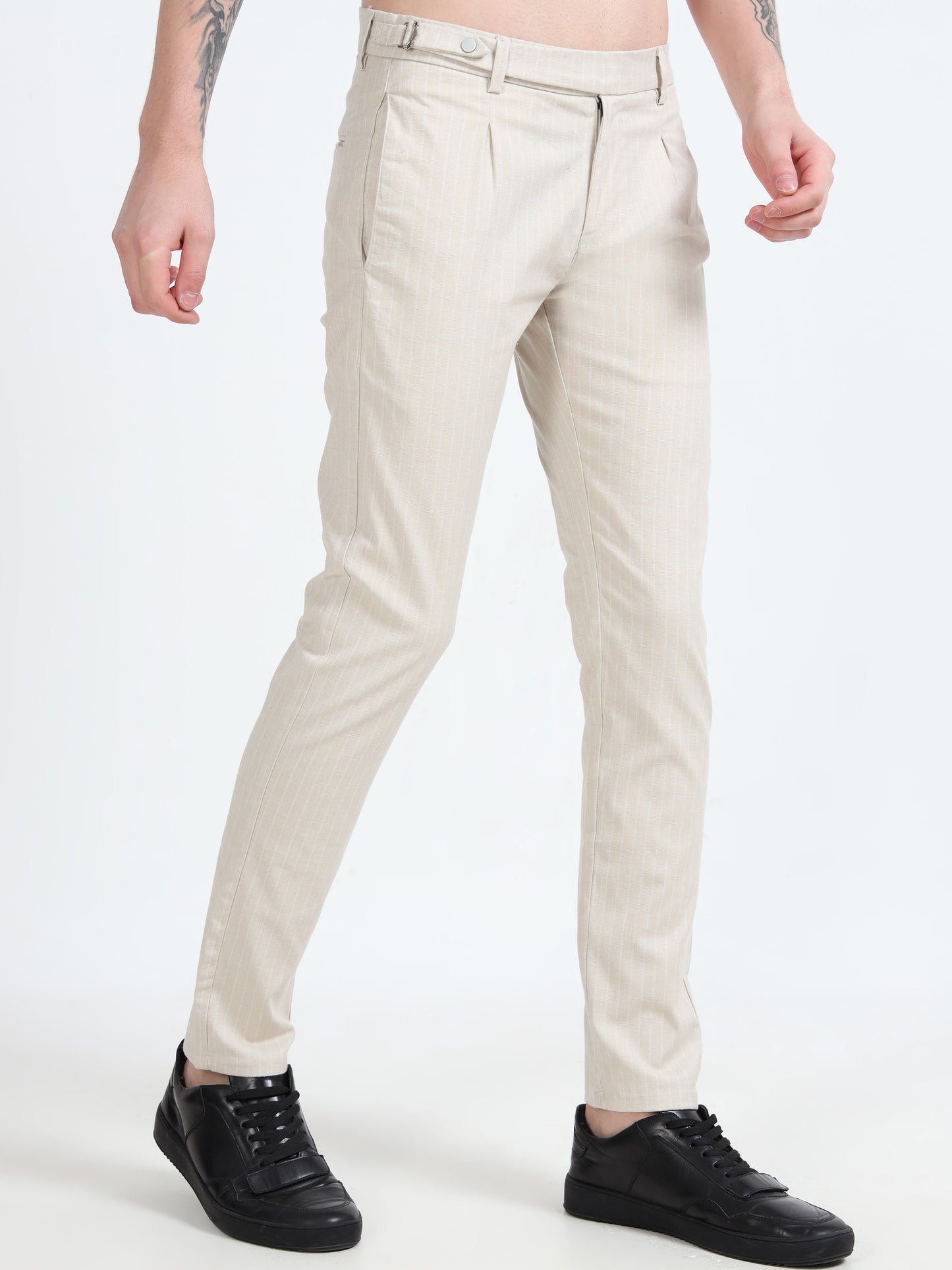 Men Cream Lycra Plain Casual Trouser