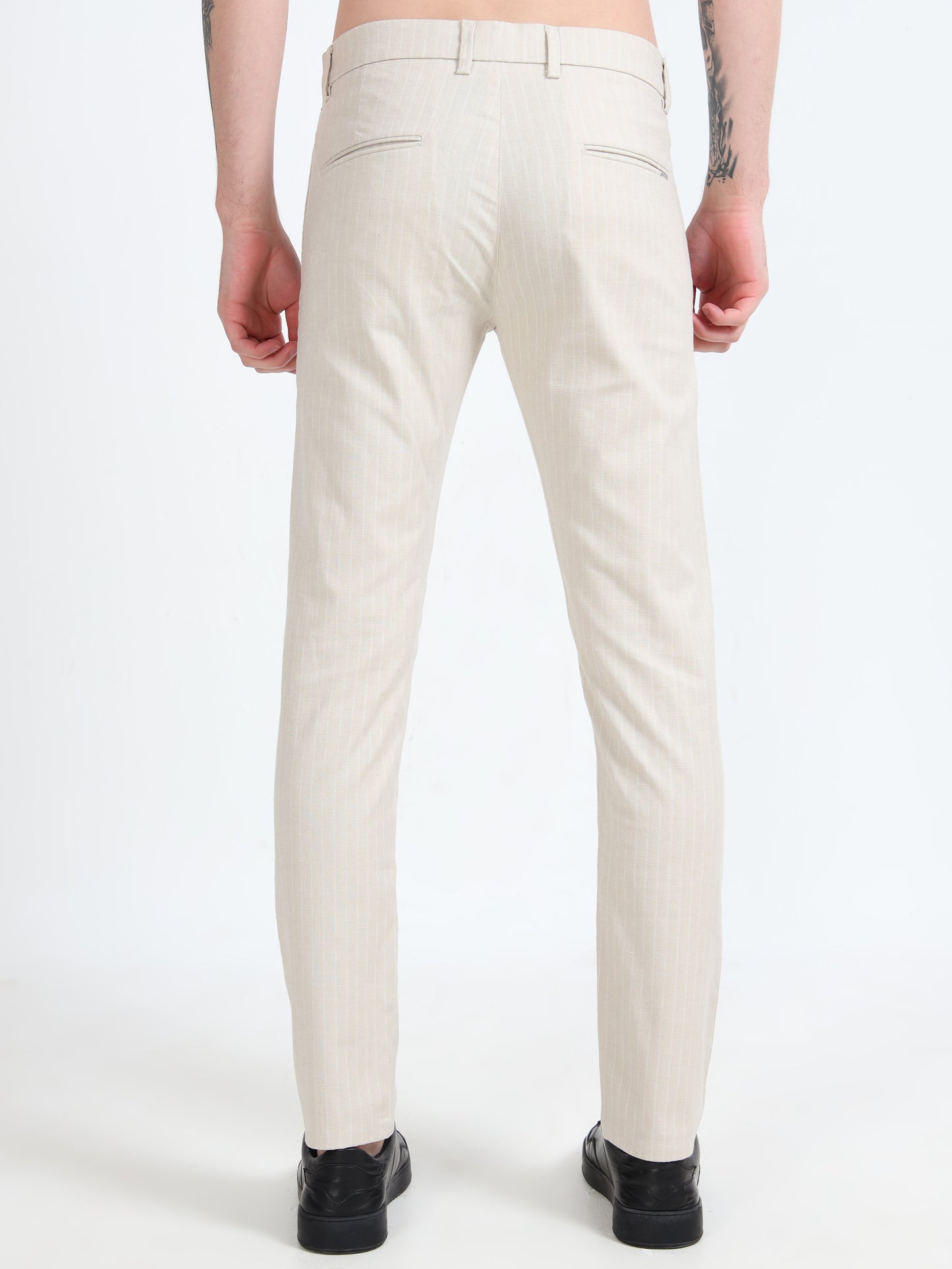 Men Cream Lycra Plain Casual Trouser