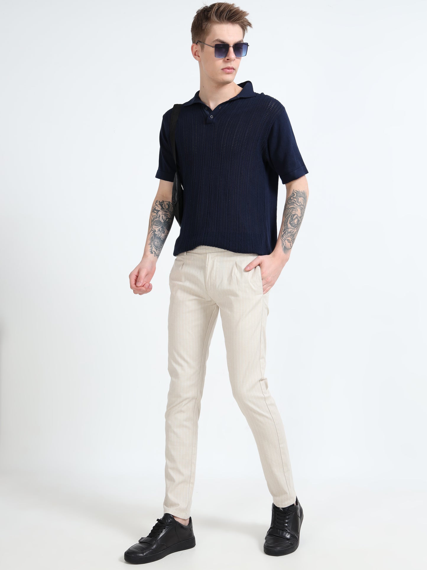 Men Cream Lycra Plain Casual Trouser