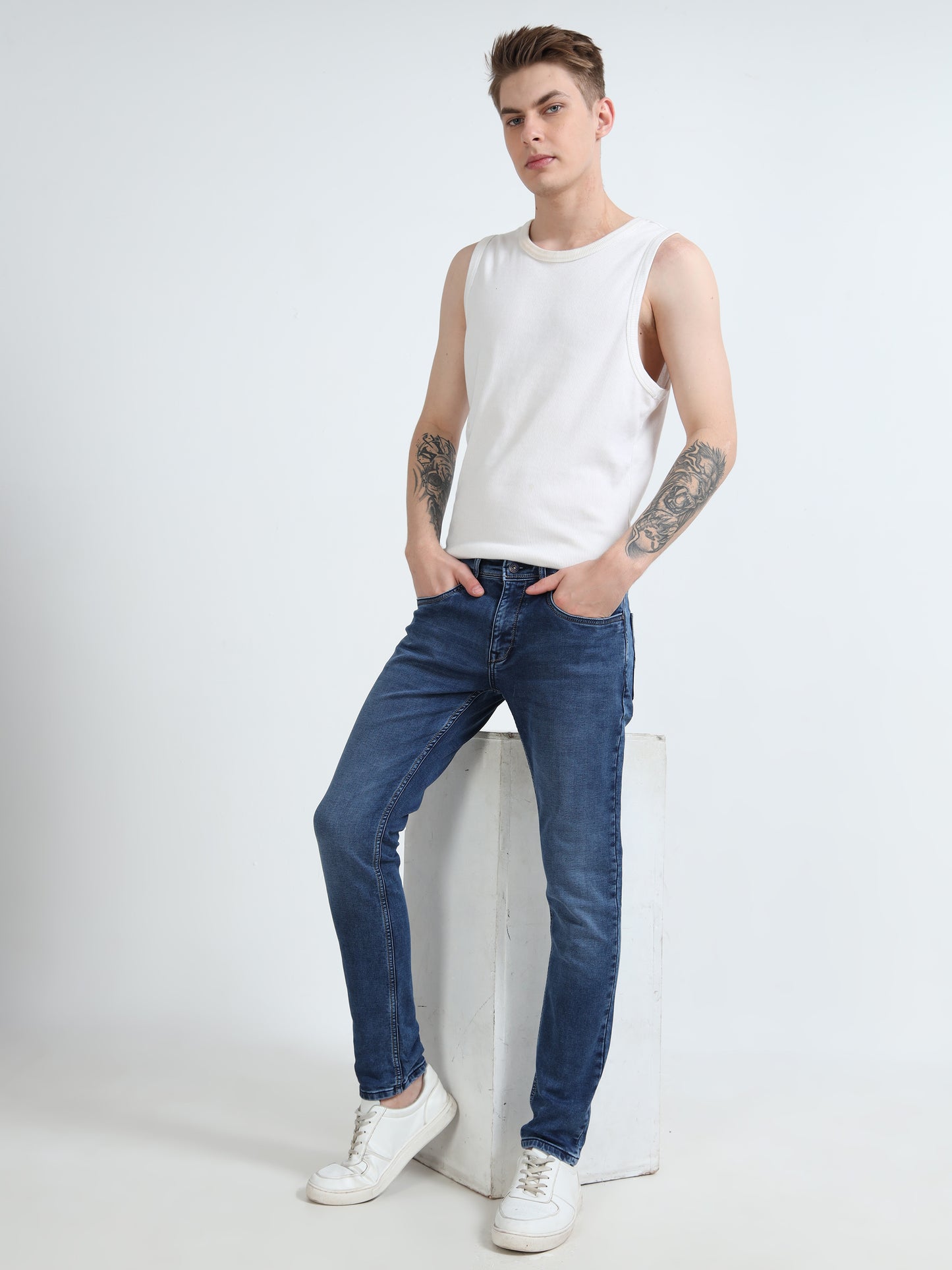 Navy Light Washed Ankle Fit Denim