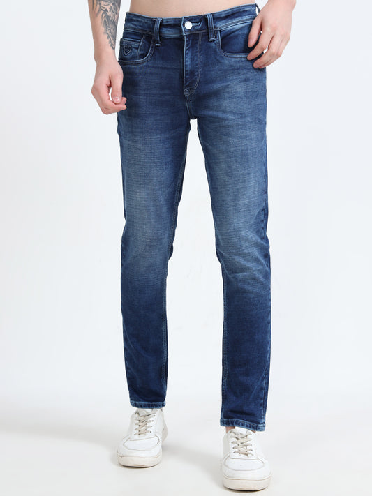Men Ankle Fit Washed Indigo Blue Jeans
