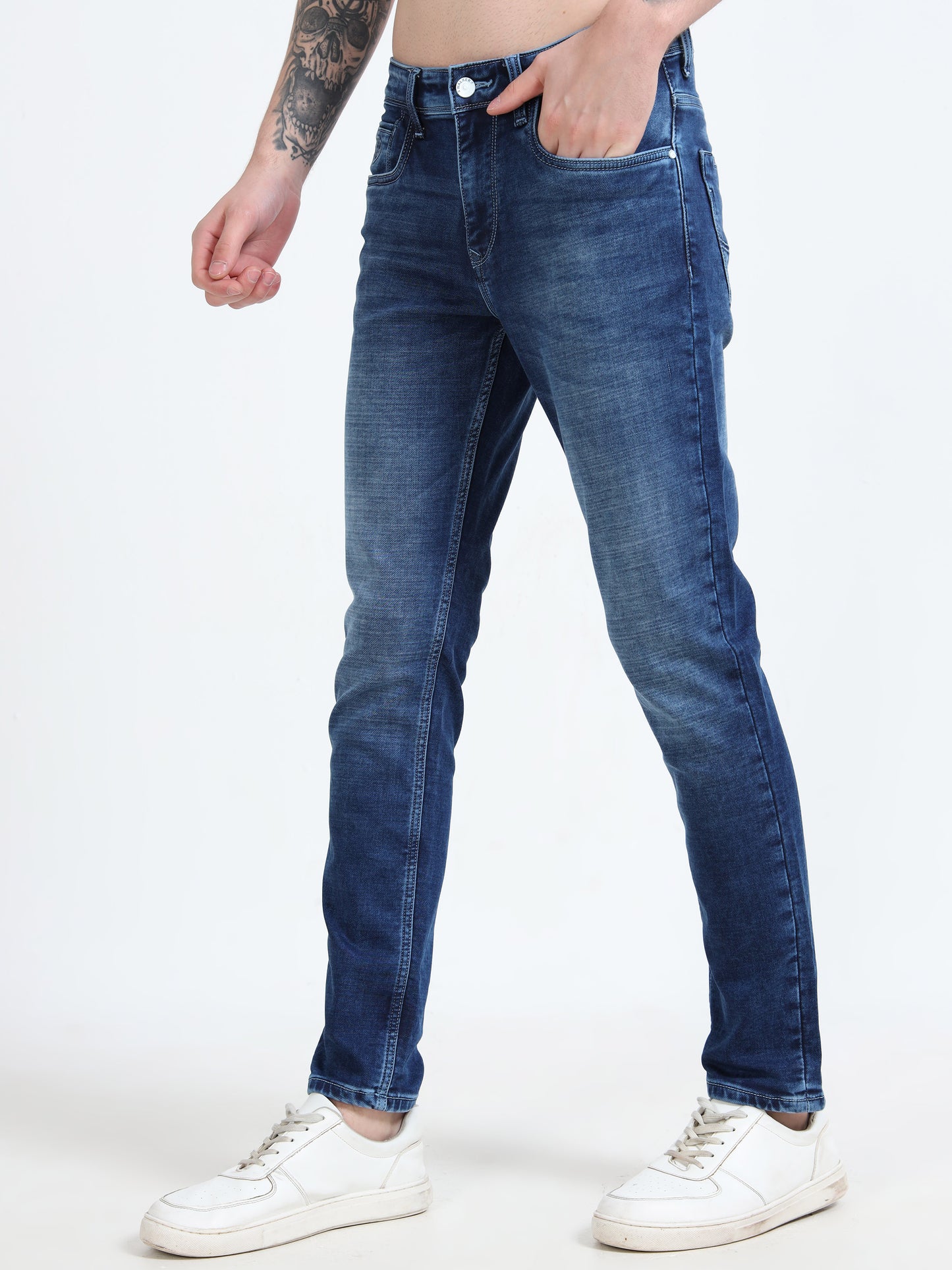 Men Ankle Fit Washed Indigo Blue Jeans