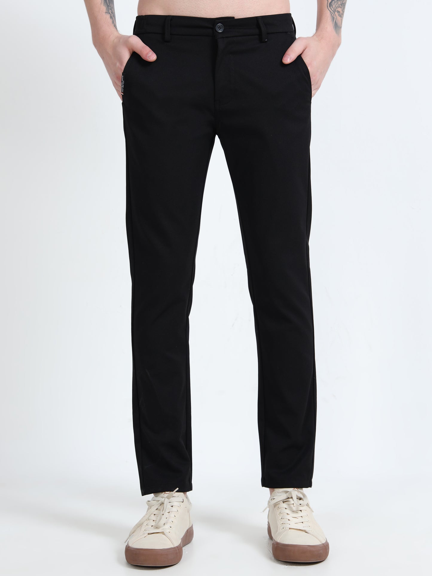 Mens Black Printed Lycra Casual Trouser