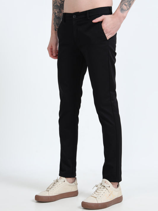 Mens Black Printed Lycra Casual Trouser