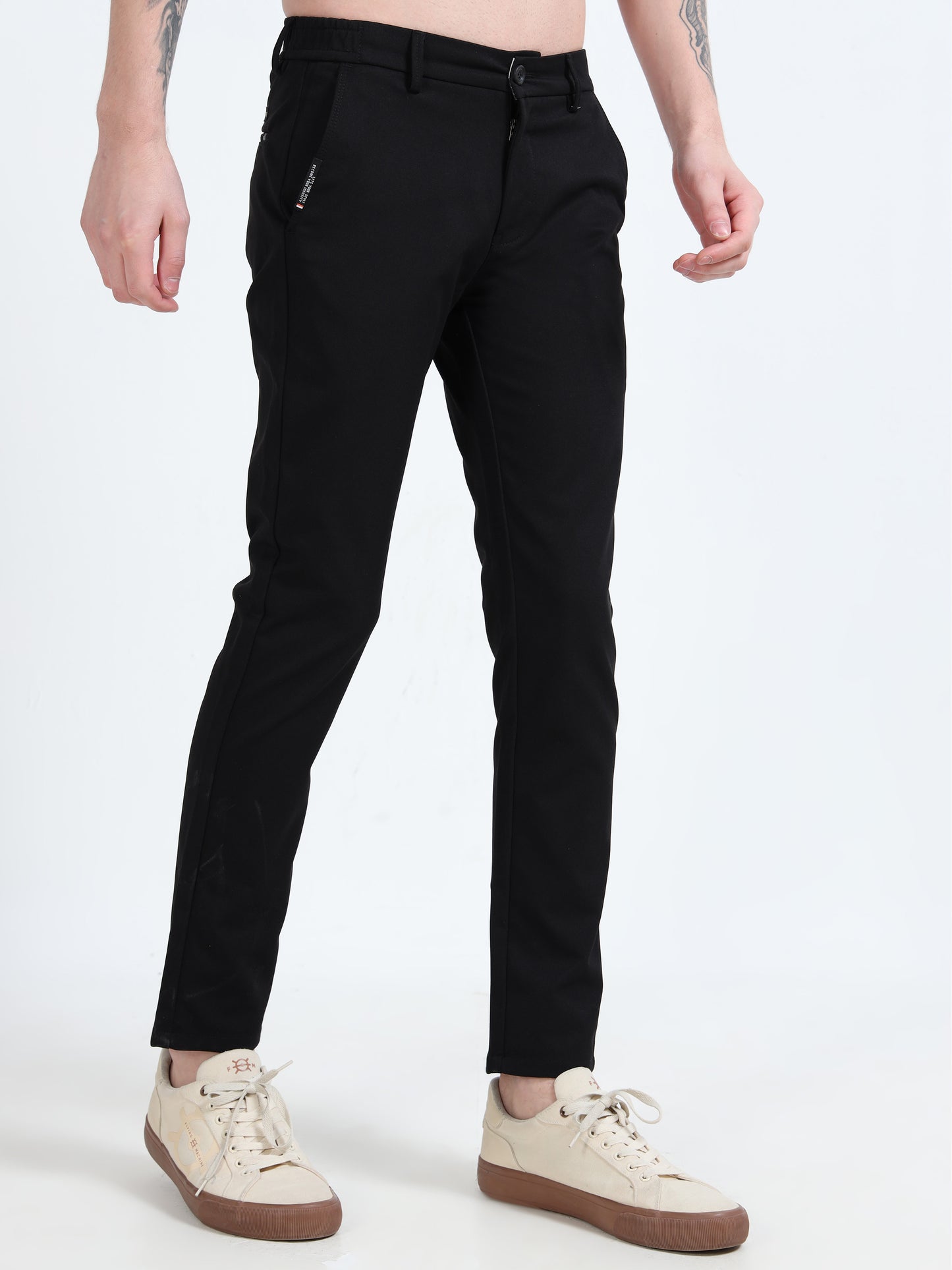 Mens Black Printed Lycra Casual Trouser