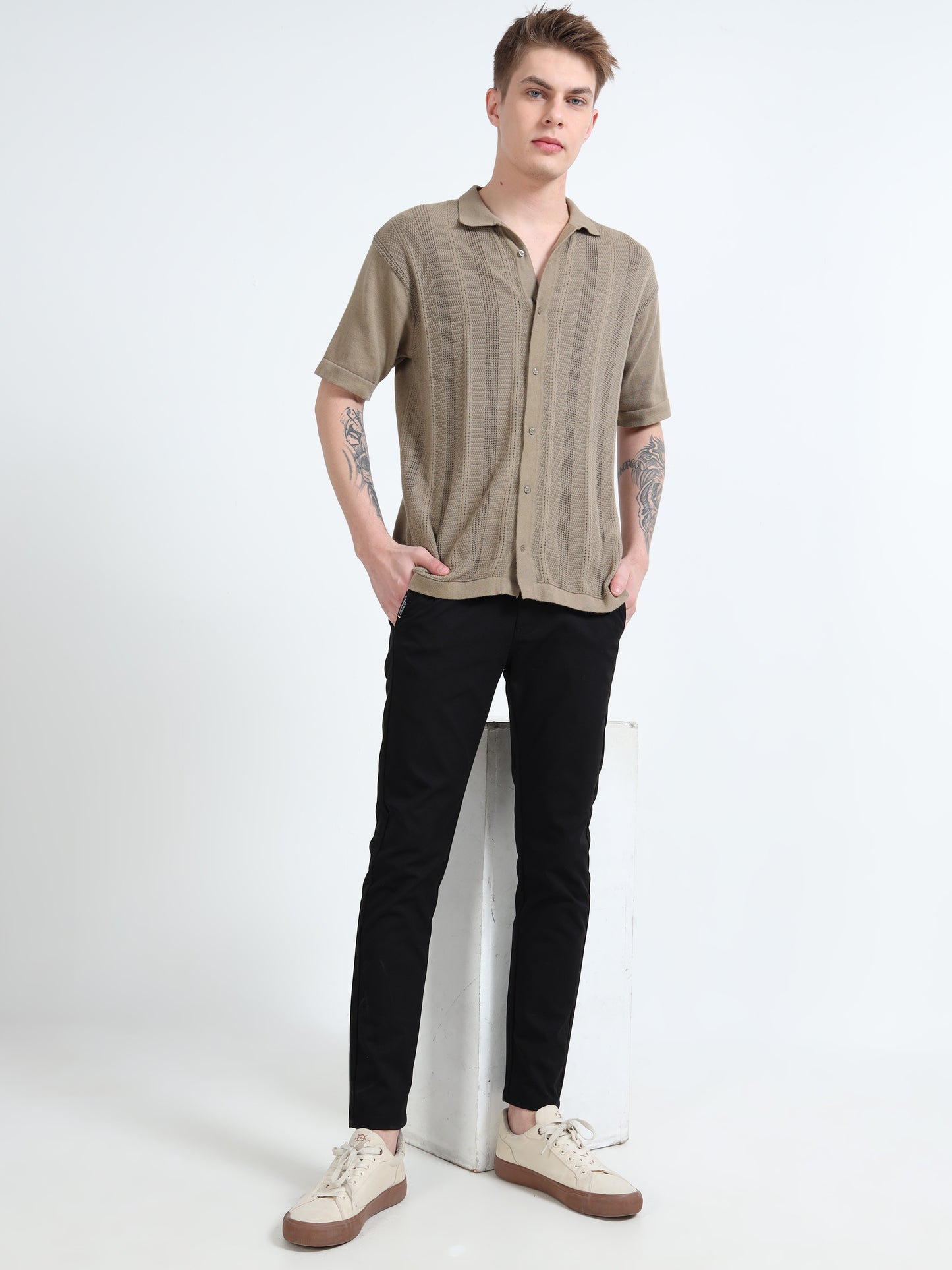 Mens Black Printed Lycra Casual Trouser